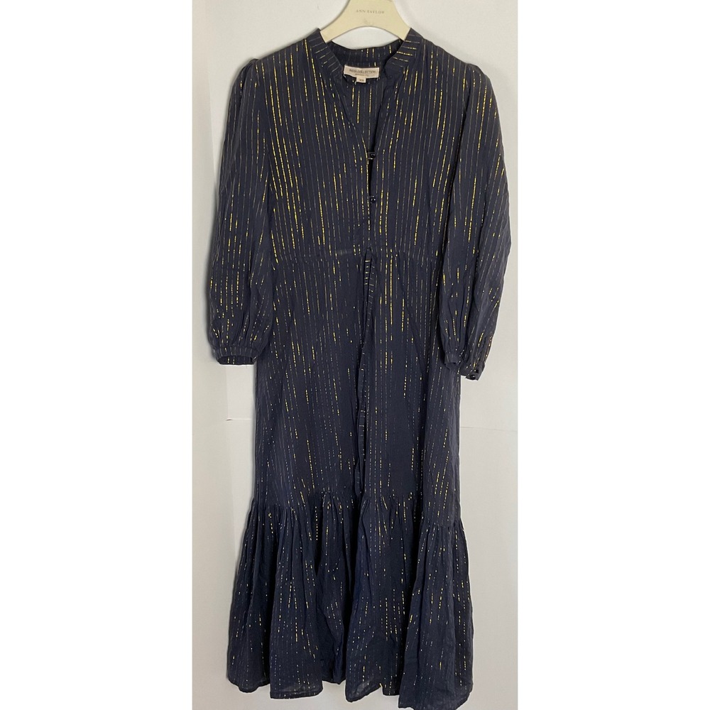 Emerson Fry India Collection Navy Gold Metallic Pinstripe Francis Midi Dress XS